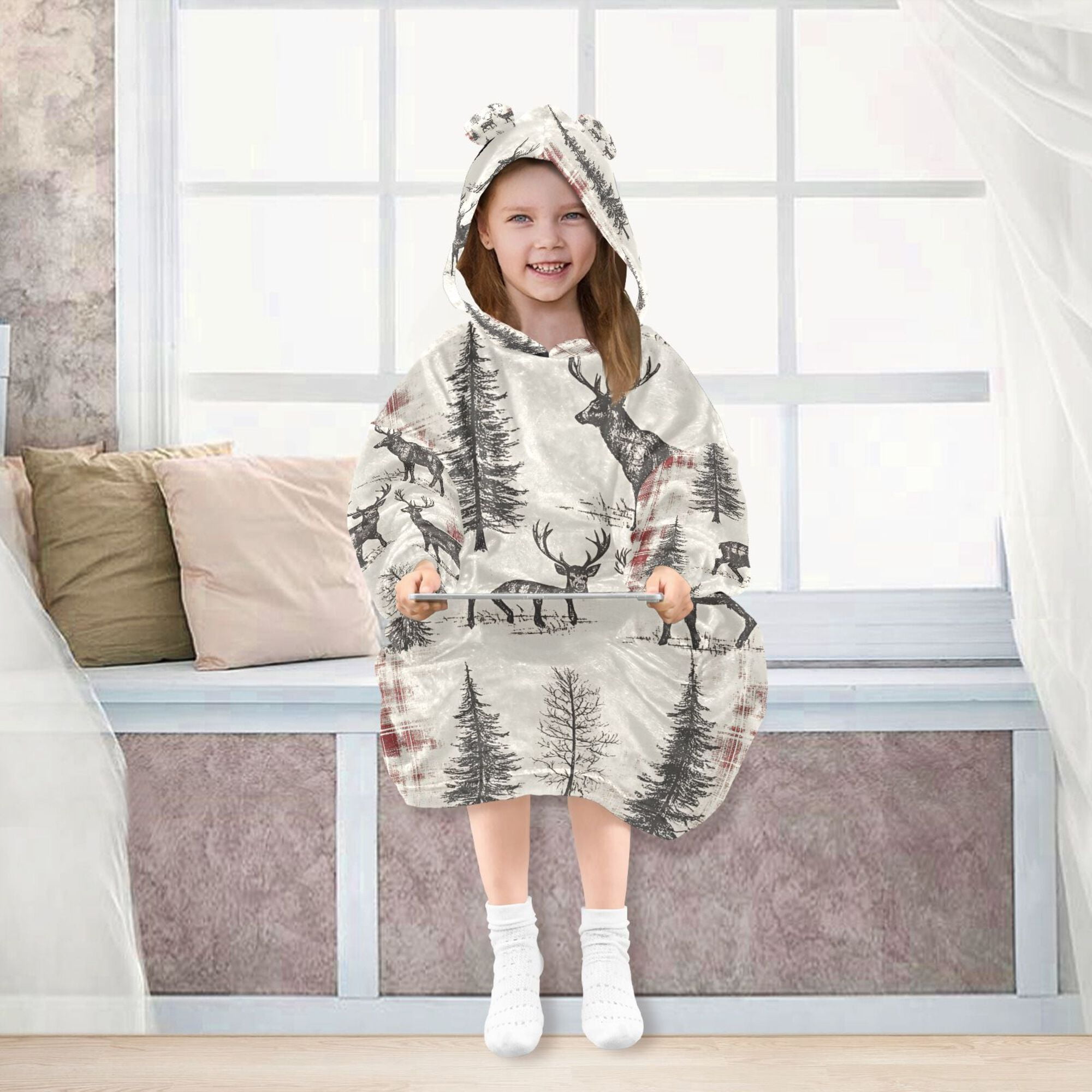 FORMRS Wearable Blanket Hoodie with Sleeves for Kids Cozy Flannel Sweatshirt, Beige Deer