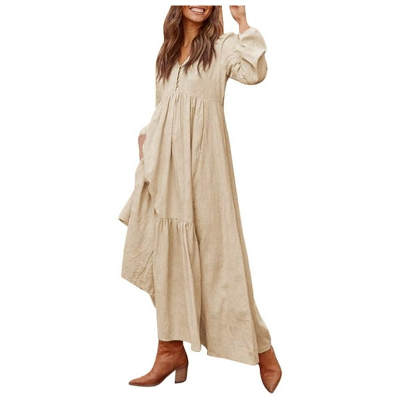 NAFUU Womens Dresses V Neck Long Sleeve Maxi Dress Empire Waist Flowy Long Dress Solid Color Vintage Casual Sundress With Pockets Comfort Legging