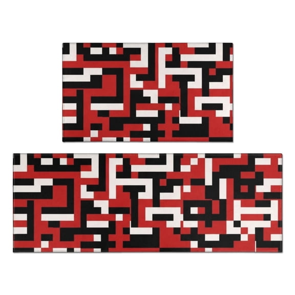 Geometric Square Red Pattern Anti Fatigue Kitchen Rugs Set Of 2, Non Slip Washable Decorative Floor Mats for Kitchen Sink Laundry, 17"x30" and 17"x47"