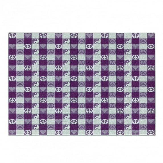 Plaid Cutting Board, Hearts Ying Yang Pattern Sign of Peace Pax Cultura Theme, Decorative Tempered Glass Cutting and Serving Board, Small Size, Magenta Lavender White, by Ambesonne