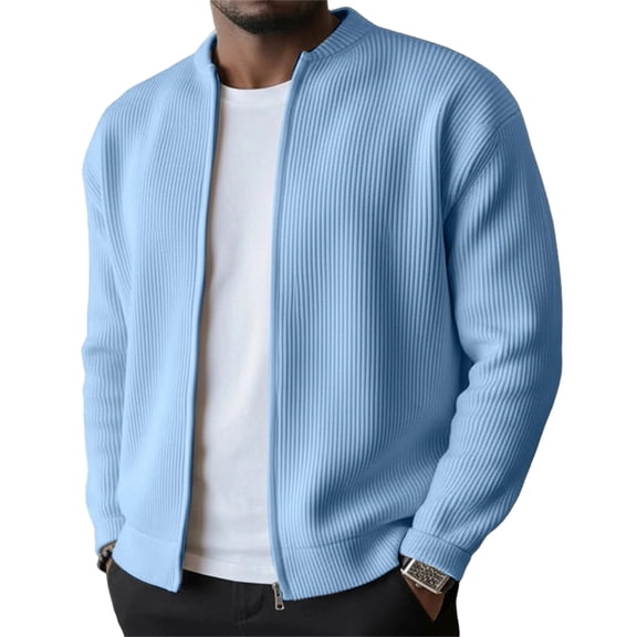 Havenx Men's Corduroy Jacket Ribbed Knit Full Zip Up Long Sleeve Jackets Mock Neck Solid Color Coat Casual Lightweight Vintage Warm Outfits,Blue M