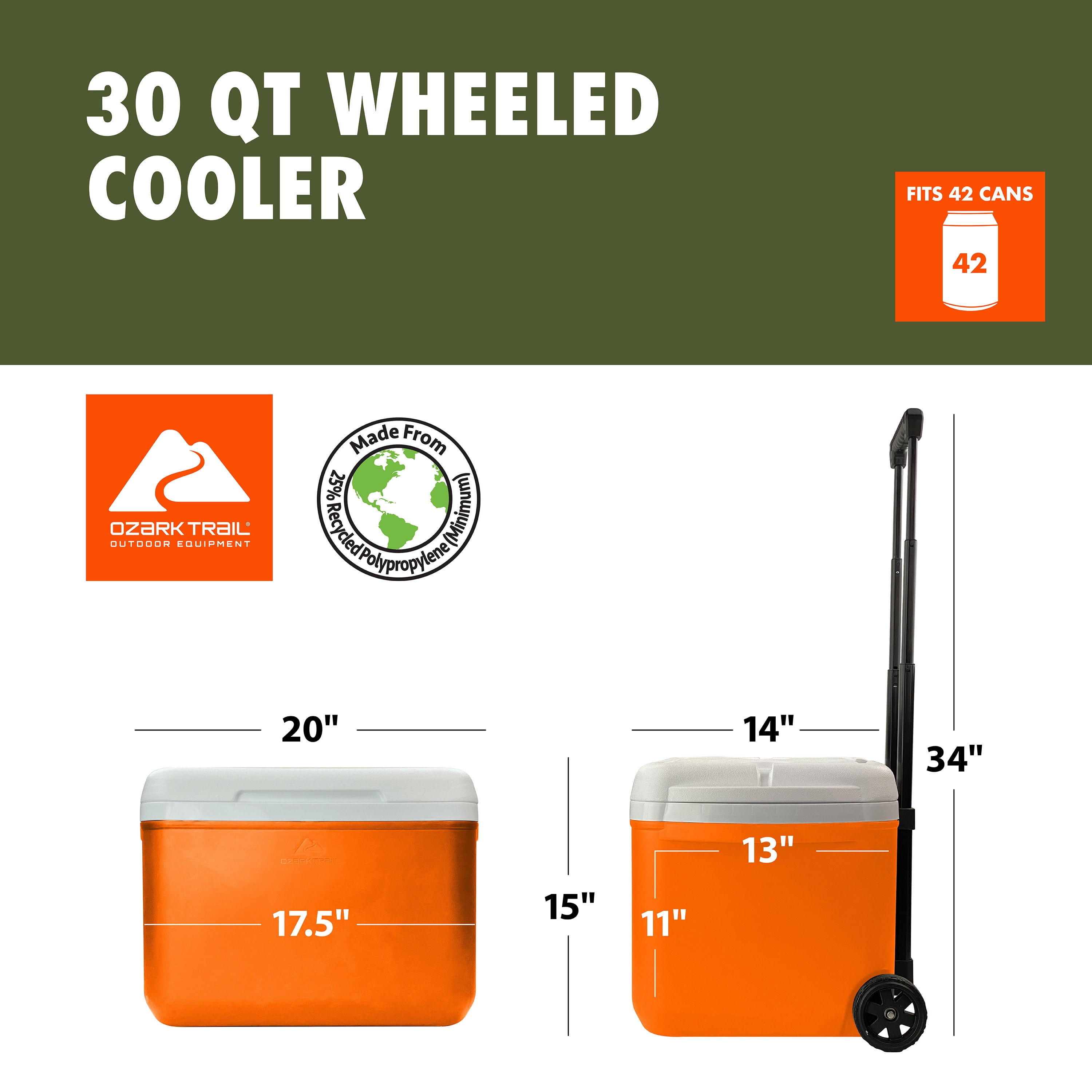 Ozark Trail 30 Quart Capacity Hard Side Wheeled Cooler, 42-Can, Orange