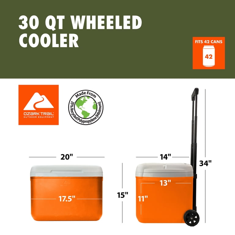 Ozark Trail 30 Quart Capacity Hard Side Wheeled Cooler, 42-Can
