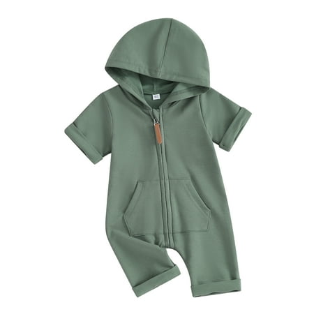 

Suealasg Baby Boys Girls Onesie Clothes 3M 6M 12M Short Sleeve Solid Color Zip Up Hooded Jumpsuit Newborn Spring Summer Bodysuit
