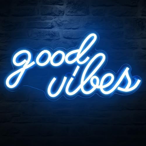 Ice Blue Good Vibes Neon Sign，16.1"x 8.3" LED Neon Signs for Wall Decor, USB Powered Aesthetic Neon Lights for Bedroom, Light Up Signs for Game Room Decor