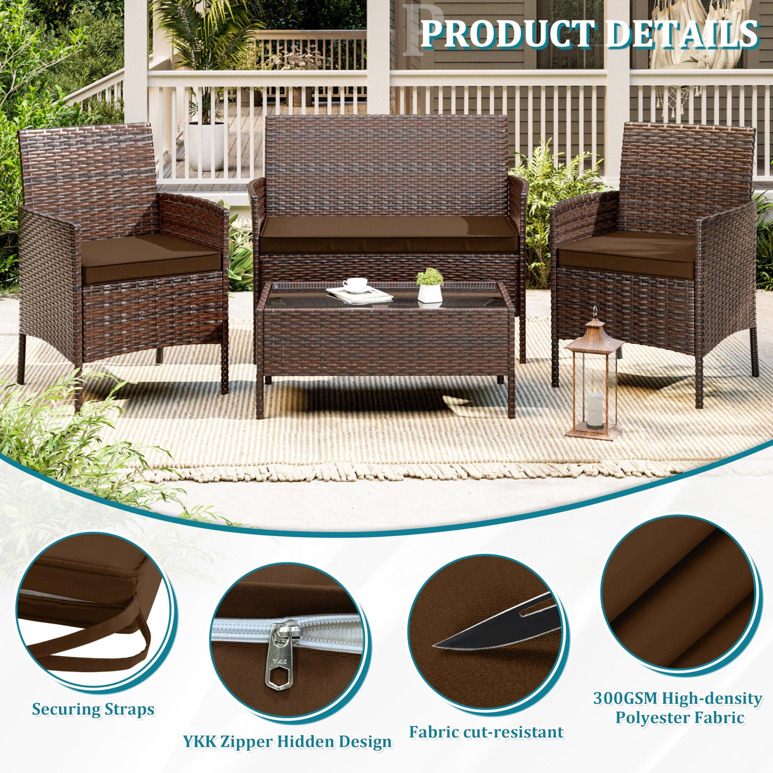 Pakunoda 3Pcs Patio Cushion Covers 4-Seater Outdoor Cushion Slipcovers Replacement with Zipper for Garden Couch Wicker Rattan Sofa Furniture, Cover Only, Chocolate