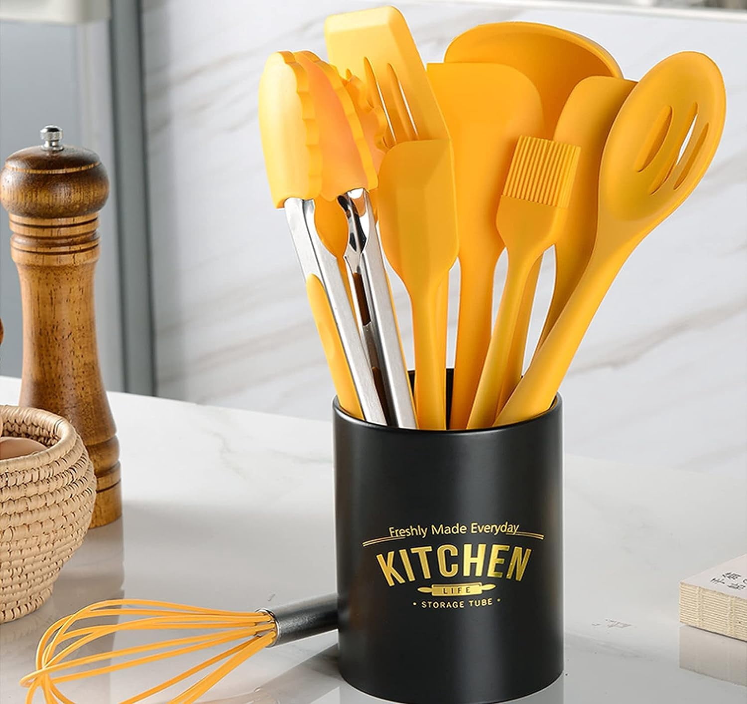 11-Piece Silicone Cooking Utensil Set, Non-Stick Kitchen Gadgets with Spatulas, Includes Iron Utensil Holder, Non-Scratch Heat-Resistant Kitchen Tools (Yellow)