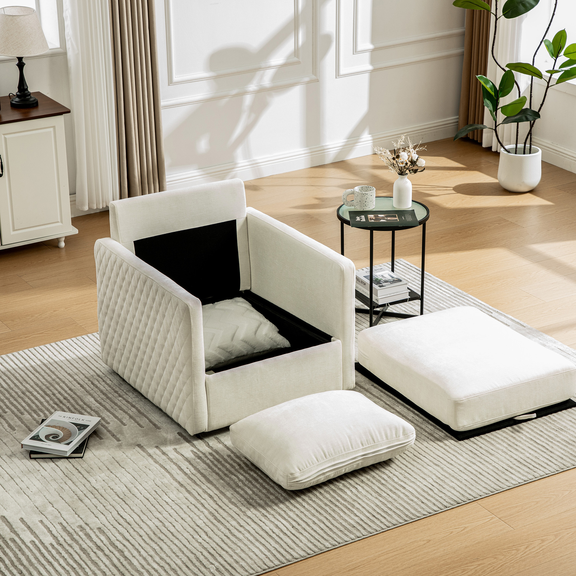 Leumius 360° Swivel Armchair with Hidden Storage, Comfy Diamond-Shape Tufted Armrests Accent Square Club Chair Single Sofa with Pillow for Living Room Bedroom Reading Nook Beige