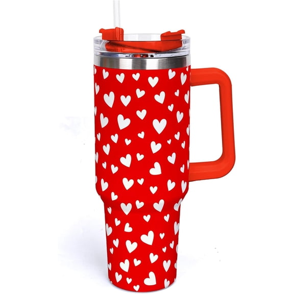 40oz Valentine''s Day Tumbler with Handle Straw and Lid Travel Tumbler Red White Heart Coffee Cup for Women Friend Holiday Birthday Gift