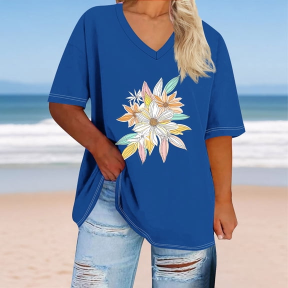 Aobny Women T-Shirt Oversize Blue Flowers T-Shirt V-Neck Elbow-Length Womens T Shirt,M
