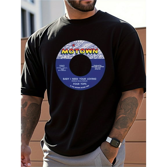 Shirts for Men, Suits for Men, Motown Record Print Men'S Casual T-Shirt, Loose Fit, Ideal for Music Lovers, Unique Design Adds a Fashionable Touch, Suitable for Daily And Outdoor Wear in Summer