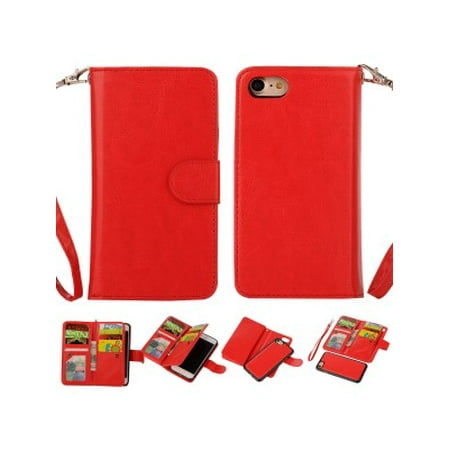 Red Heart Wallet - 2 in 1 Leather Wallet Case with 9 Credit Card Slots and Removable Back Cover for iPhone 8/7 -Red