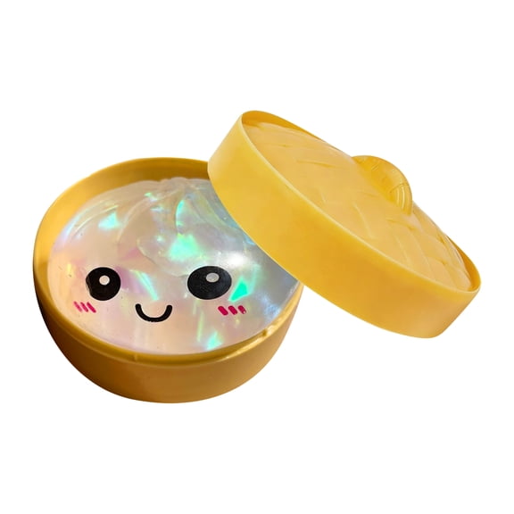 YATingW Holographic Glitter Dumpling Squishy Toy, Cute Kawaii Bao Bun Squeeze Stress Ball with Yellow Steamer Basket, Soft Sensory Fidget Toy, Anxiety Relief Novelty Gift for Teens & Adults