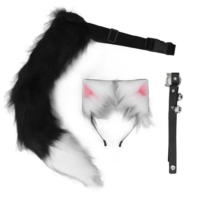 Bandeau Réglable Oreilles de Chat et Queue de Loup Costume Cosplay, Collier Cloche Doux et Confortable, Ensemble Cosplay de Fête avec Bande Élastique Adapté pour Robe