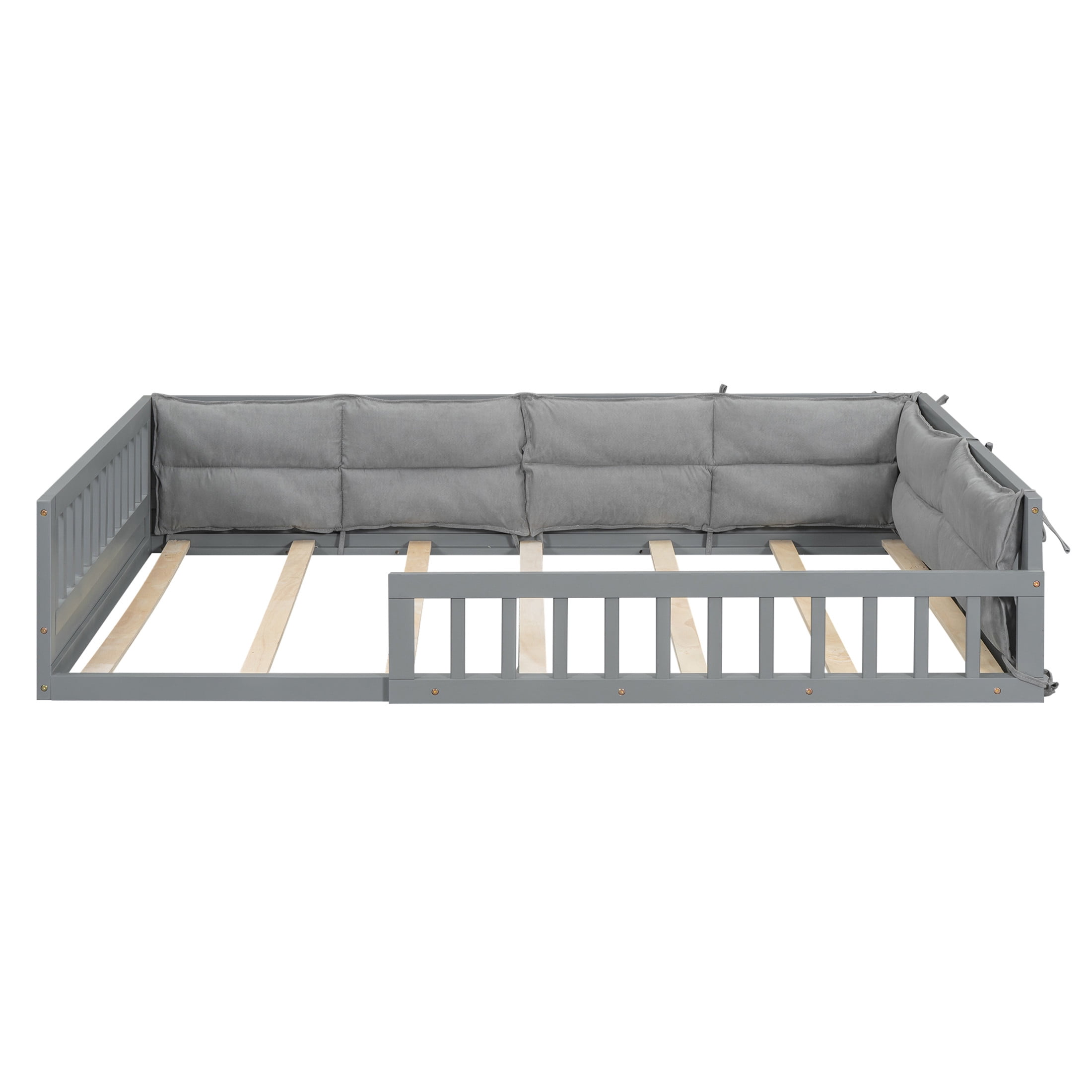 Noble House Myrrh Full Size Upholstered Platform Bed with Guardrails and Plush Pillows, Pine Wood Frame, Gray