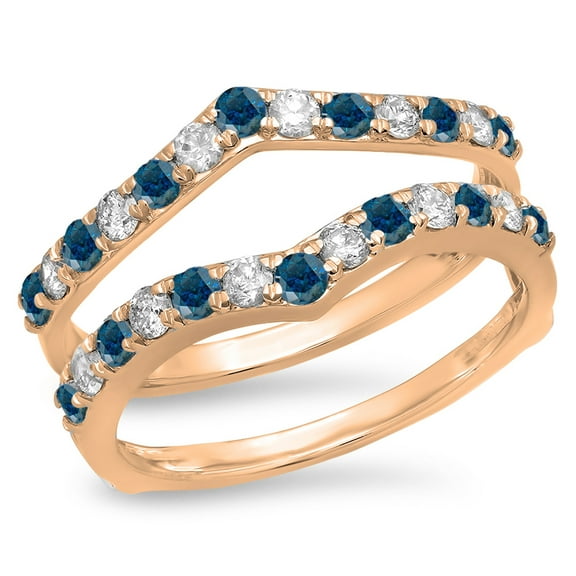 0.95 Carat (ctw) 10K Rose Gold Round Blue & White Diamond Ladies Anniversary Wedding Band Enhancer Guard Double Ring 1 C