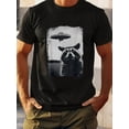 thumbnail image 1 of Men's Cotton Short Sleeve T-Shirt with Raccoon & UFO Graphic Print, Breathable Round Neck Casual Top for Outdoor Hiking, Gym & Summer Wear - Machine Washable Novelty Tee, Hiking Gear, Outdoor Apparel, 1 of 7
