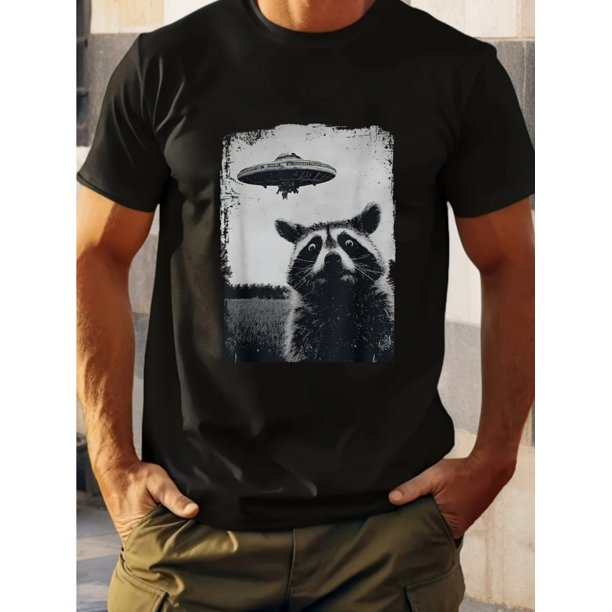 Men's Cotton Short Sleeve T-Shirt with Raccoon & UFO Graphic Print - Breathable Round Neck Casual Top for Outdoor Hiking, Gym & Summer Wear - Machine Washable Novelty Tee