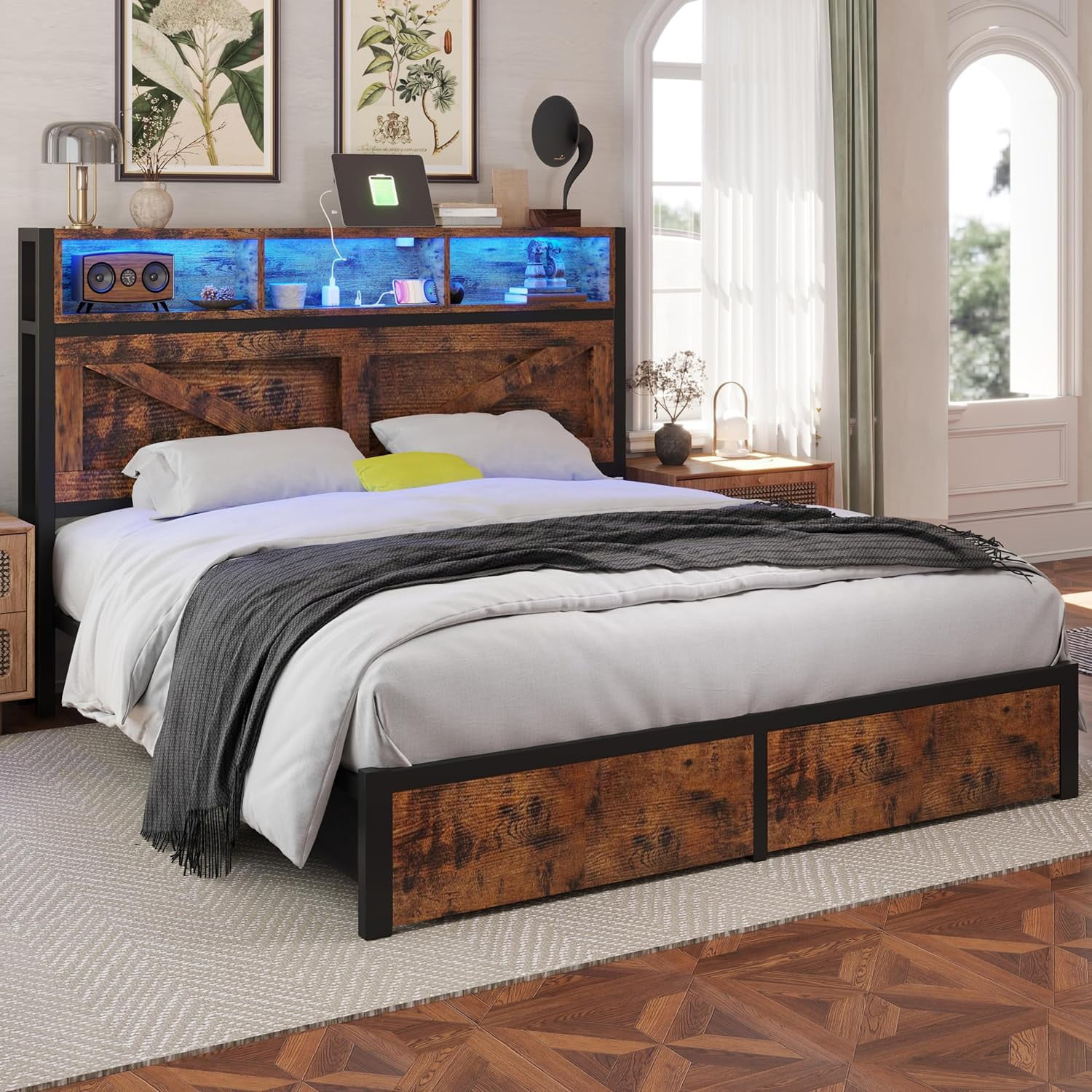 Fastroby Full Bed Frame with Storage Headboard & Drawers, Farmhouse Style, No Box Spring Needed, Brown