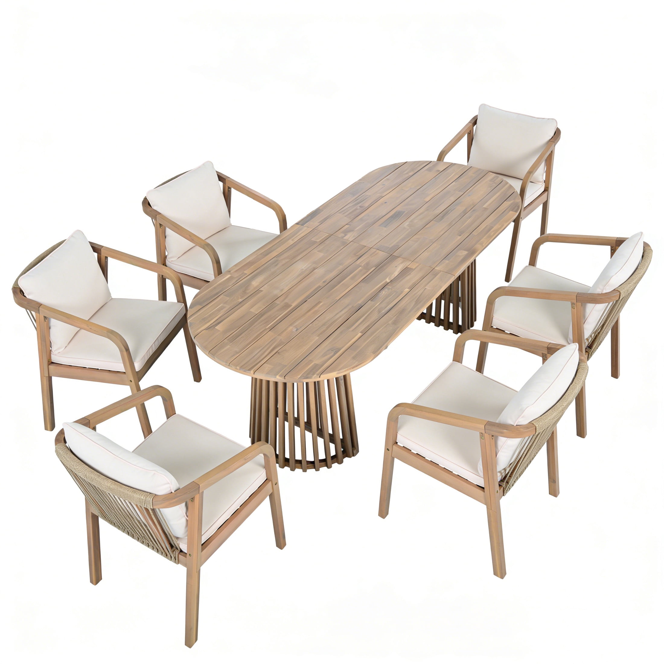 Christopher Knight Home 7-Piece Outdoor Dining Table with Rope Back Chairs and Cushion, Light Teak+Beige