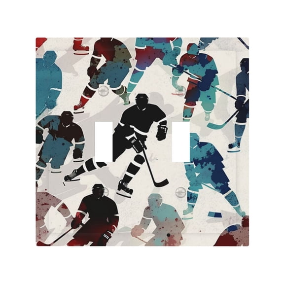 Hockey Players Vintage 2 Gang Switch Wall Plate Decorative Double Toggle Cover with 4 Painted Screws for Home & Commercial Use