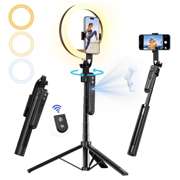 70.9" Auto Face Tracking Tripod 360° Rotation with 10" Ring Light, Phone Tripod & Selfie Stick with Remote for Cell Phone 4"-7", Motion Sensor Ph