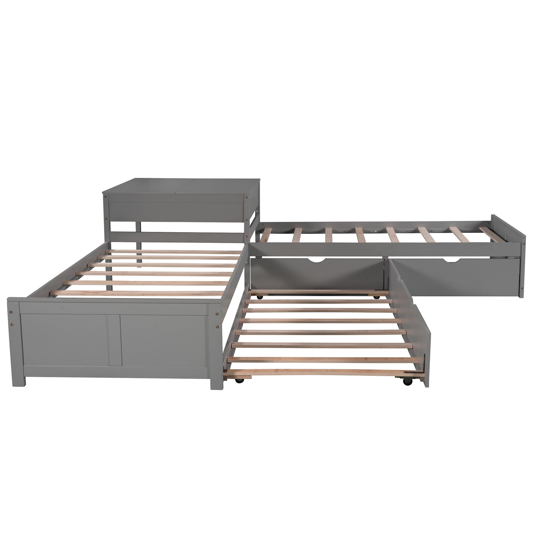 Noble House Solsto L-shaped Platform Bed with Trundle, Storage Drawers and Built-in Desk, Twin Size Corner Bed, Gray