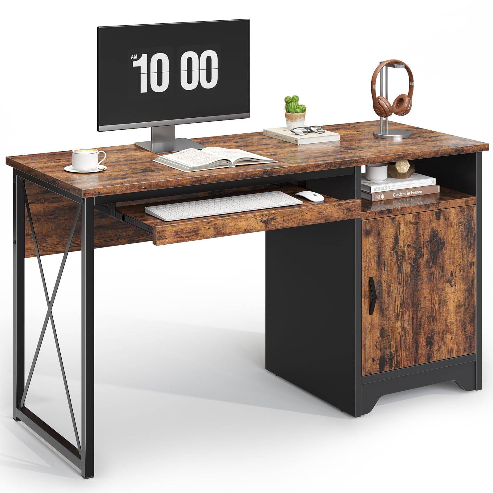 Bestier 47" Computer Desk Reversible Home Office Desk Executive PC Table with Keyboard Tray and Storage Cabinet, Rustic Brown