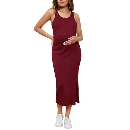 

Eyicmarn Pregnant Woman Dress Solid Color Sleeveless Knit Dress Crew Neck Slim Midi Tank Dress Summer Casual Maternity Dress