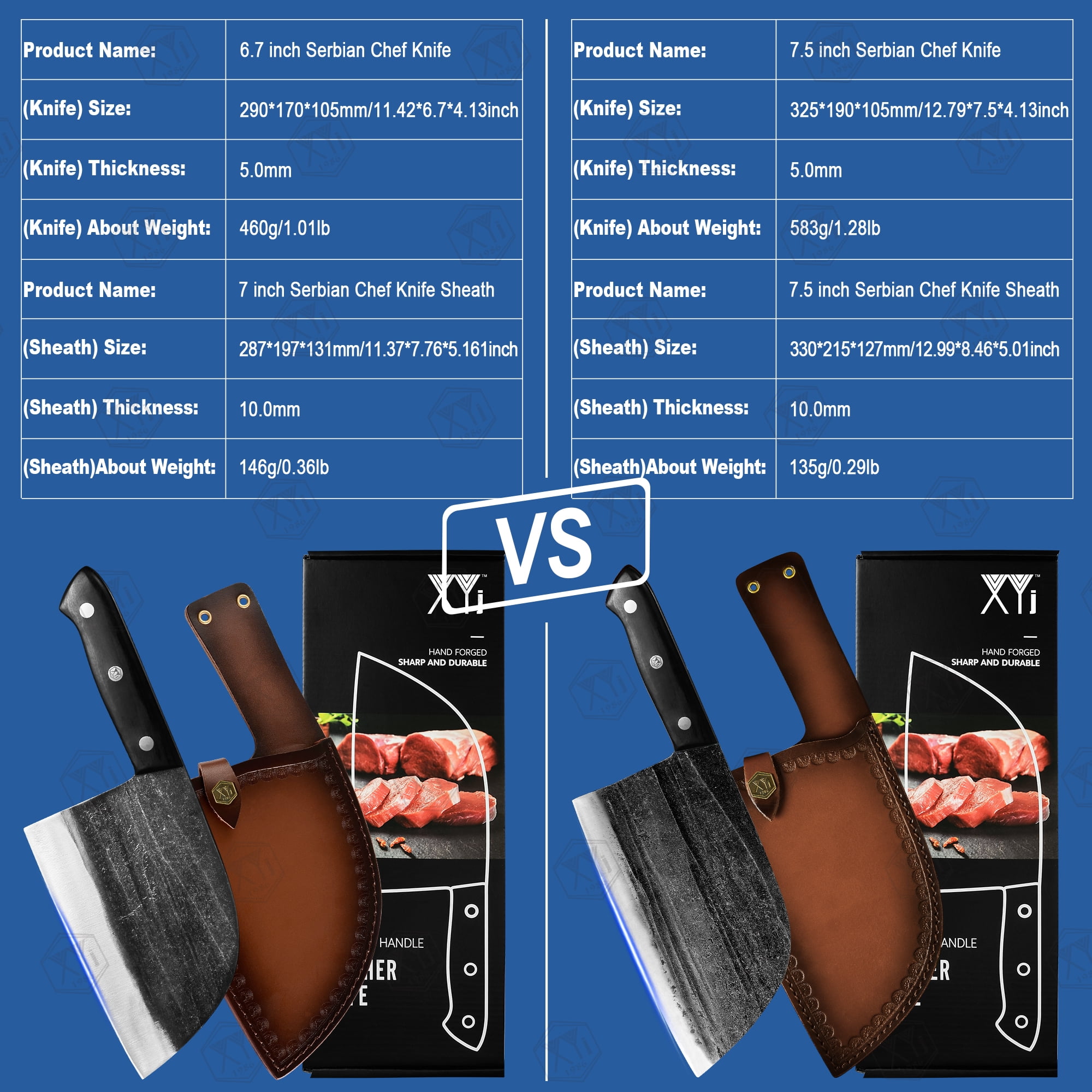 XYJ 6.7 Inch Serbian Chef Knife Cutting Butcher Knives High Carbon Steel Forging Meat Cleavers For Camping Kitchen and Outdoor Cooking Tool With Carrying Leather Sheath,gift for men and women