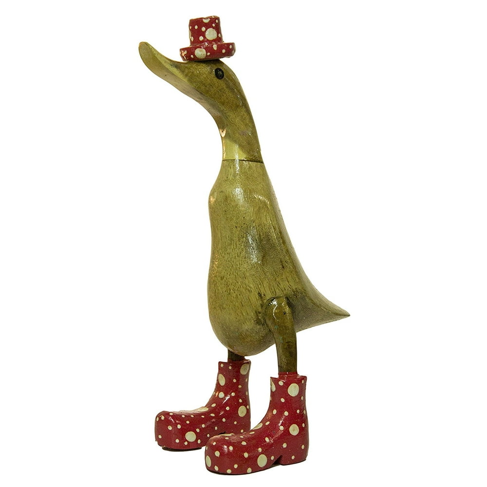 9.5 Inch Hand Painted Wooden Duck Figurine with Brightly Colored Polka