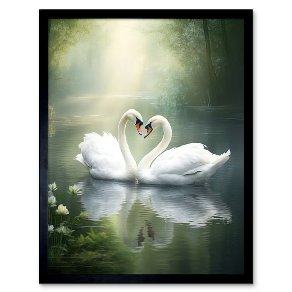 Elegant Love Heart Swans Photo Misty Morning River Scene Love Romance Art Print Framed Poster Wall Decor 12x16 inch