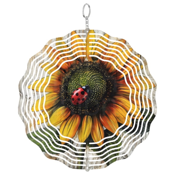 Sunflower Ladybug Wind Spinner Metal Outdoor Decor Rustic Farmhouse Yellow Red Green
