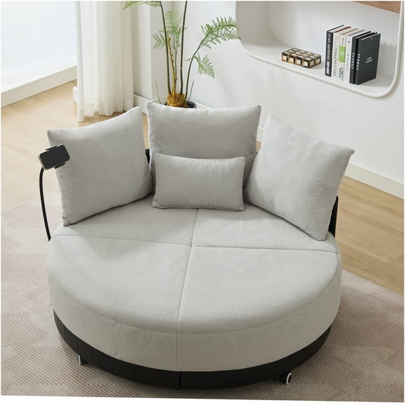 JERFIT Modern 360-Degree Swivel Accent Chair with Pillows, Oversized Round Barrel Chair for Living Room, Gray