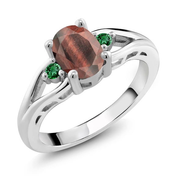 Gem Stone King 925 Sterling Silver Red Tiger Eye and Green Nano Emerald 3 Stone Engagement Ring for Women | 1.30 Cttw | Oval 8X6MM | Round 2MM | Gemstone Birthstone | Size 7