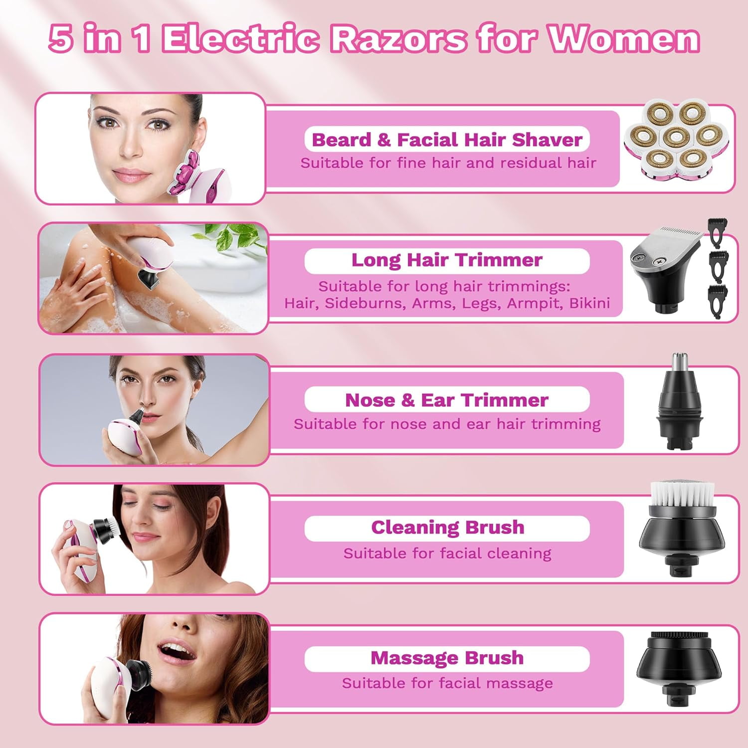 Obacre Electric Razors for Women,7D Gifts for Women,5 in 1 Cordless Electric Shaver with Detachable Head Wet & Dry Facial Hair Remover for Legs Painless Water Resistant