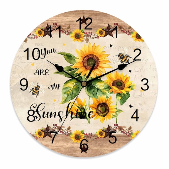 Wall Clock 14 Inch Sunflower You Are My Sunshine Round Silent Decorative Wall Clocks Battery Operated for Living Room Bedroom Kitchen Classroom Decor, Country Barn Star,Large