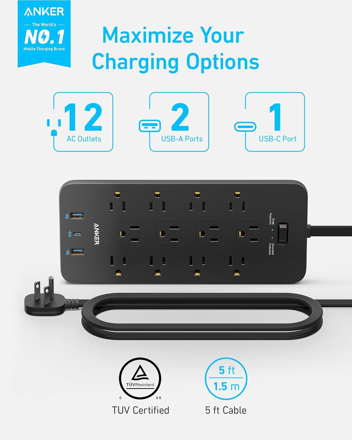 Anker Surge Protector Flat Plug Power Strip(2100J), 12 AC Outlets, 5feet Flat Extension Cord, 1USB C and 2 USB Ports for Multiple Devices, 20W Fast Charging for Home, Office, Dorm Essential, TUV