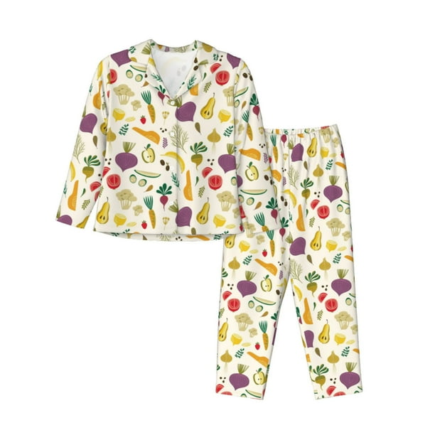 Balery Vegetable Conjunto de Pijama con Estampado para Mujer, Conjunto de Dos Piezas con Manga Larga, Ropa de Dormir Suave con Bolsillos, Pijamas Cómodos-Medium