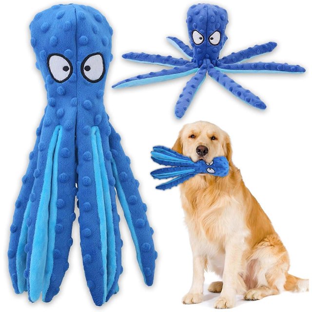 Squeaky Dog Interactive Play Toy,No Stuffing Octopus Dog Chew Toy with Crinkle Paper for Medium and Large Dog Playing (Blue)