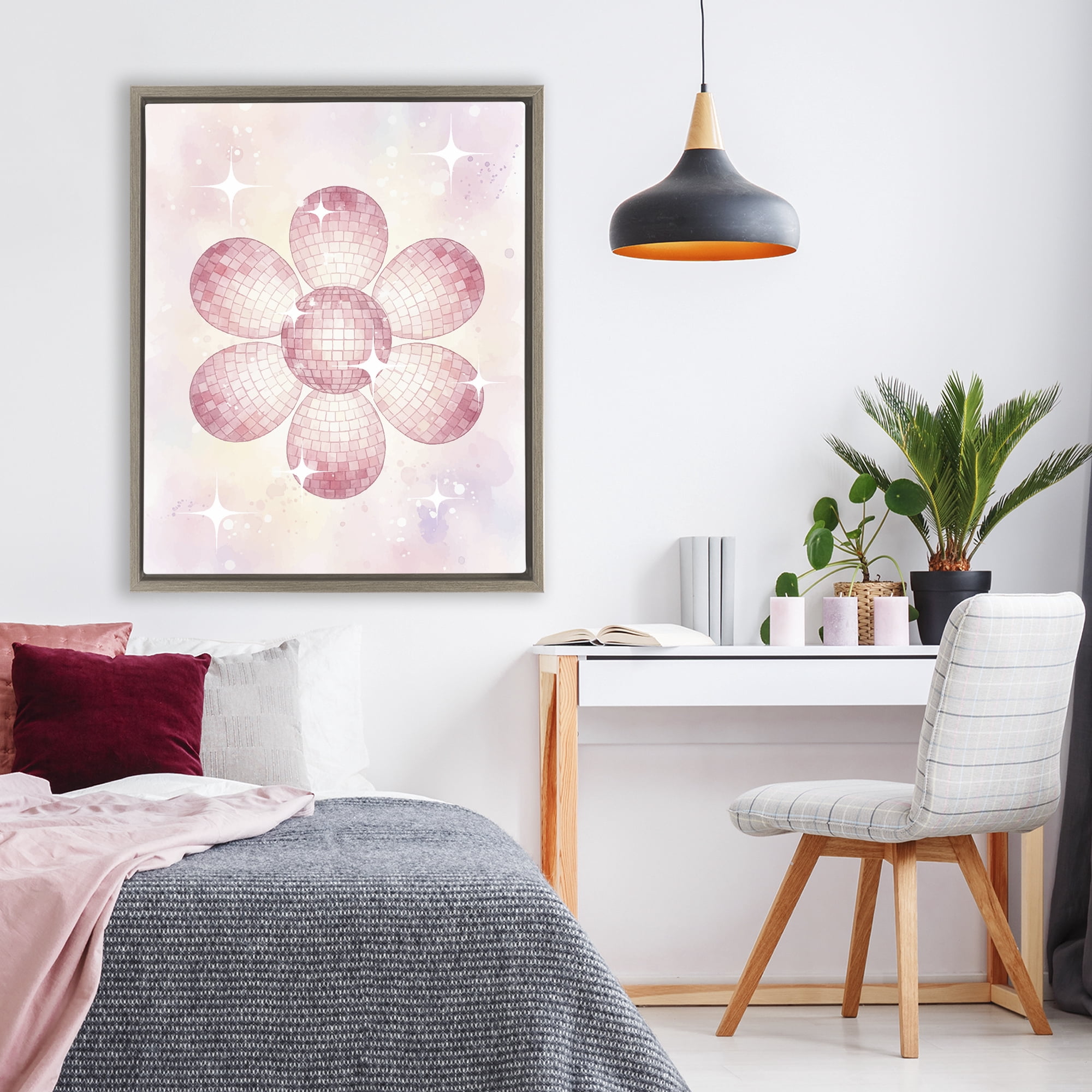 Stupell Industries Dreamy Pink Disco Ball Flower Brown Framed Floater Canvas Wall Art, design by Lil' Rue