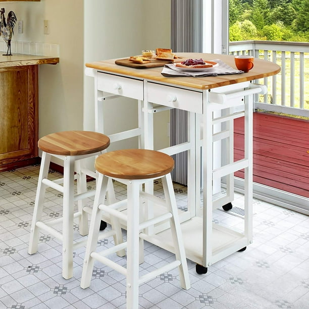 Ktaxon Kitchen Cart Island Rolling Home Dining Wooden Trolley Storage with 2 Stools in White and Natural