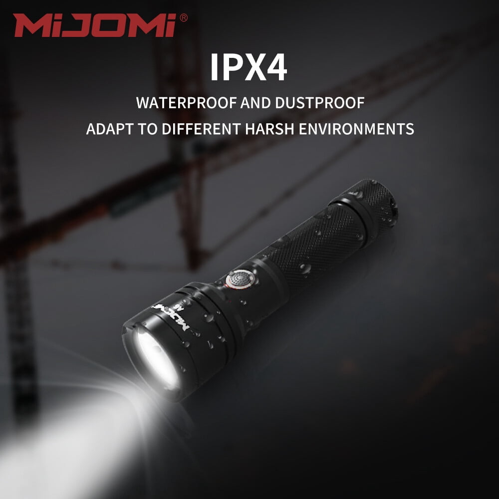 Mijomi Flashlight A6 1000 Lumens high Brightness 228m Beam Distance Samsung LED 18650 Rechargeable Flashlight for Industry use Easy Control 3 Lighting Modes Waterproof flashlight