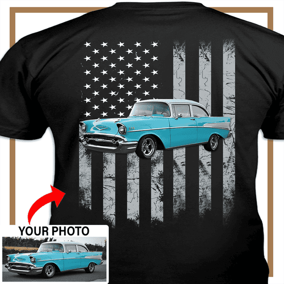 Muscle Car Personalized T-shirt, classic car custom photo t-shirt, American flag t-shirt father's day Xmas gift for car guys Print on the back, American flag t-shirt (bk05)