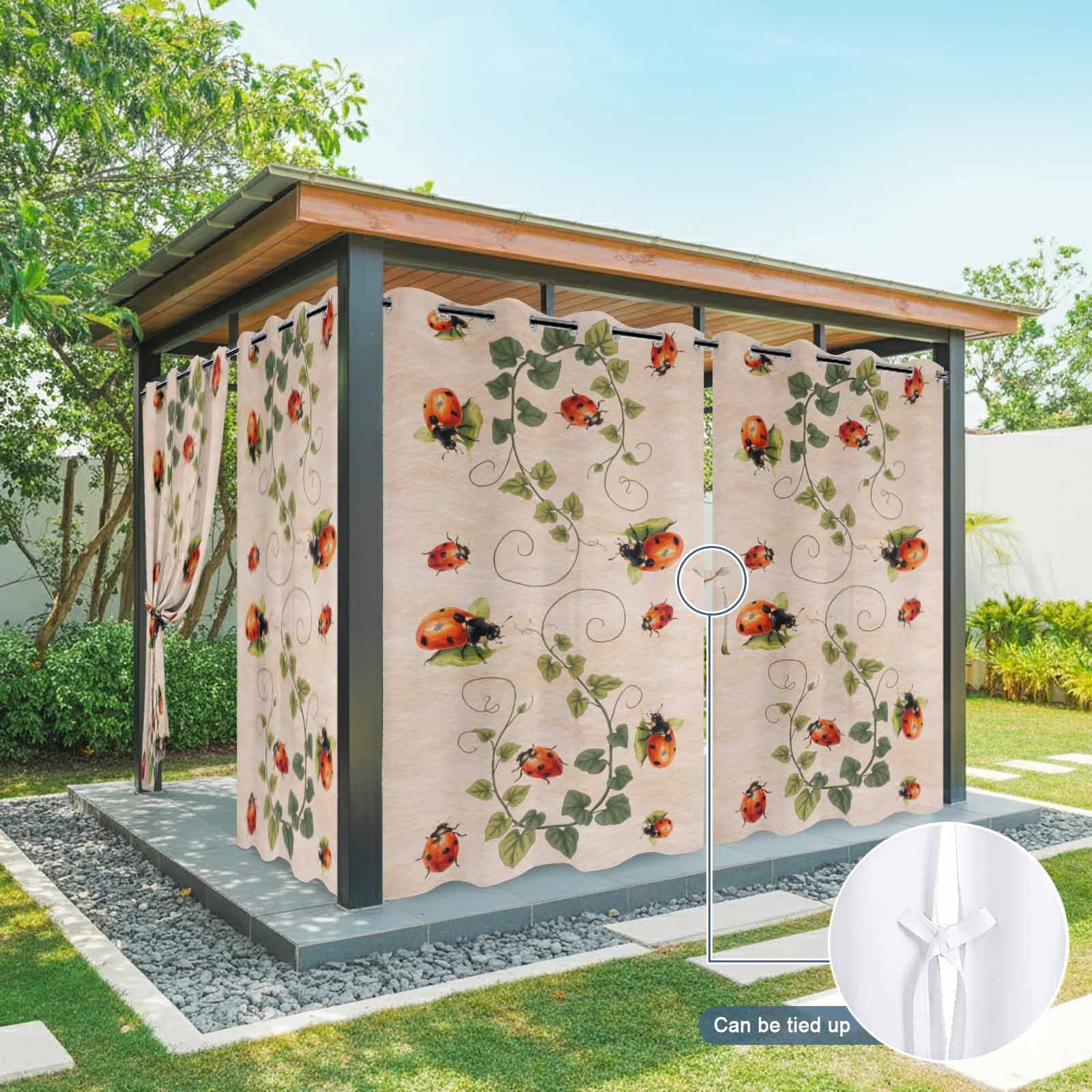 2 Panels Outdoor Curtains for Patio Waterproof 54"x95" Ladybugs Eucalyptus Leaves Weatherproof Privacy Outsides Curtains, Spring Botanical Vintage Grommet Thermal Drapes for Cabana Porch Pergola