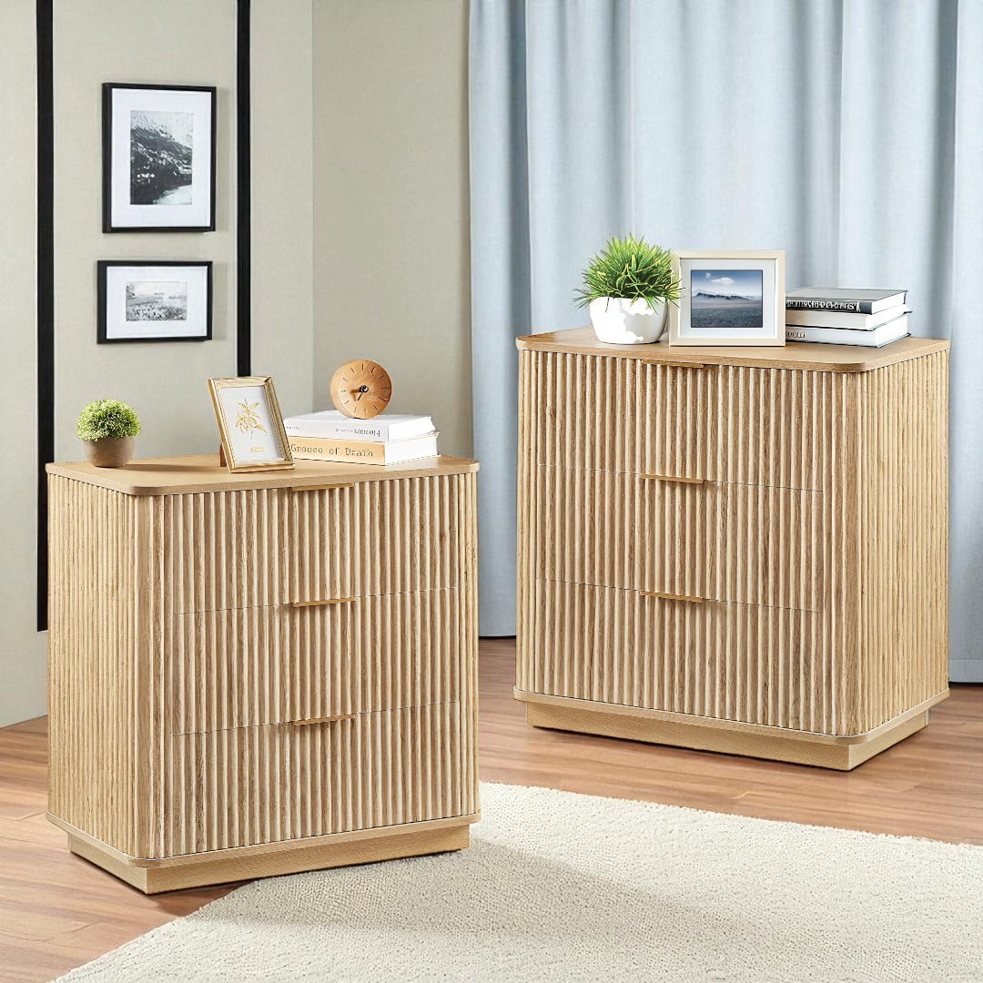 GZXS 2-Pack Nightstands in Oak Finish, Contemporary Fluted Wooden Dressers with 3 Drawers, for Bedroom, Hallway, Small Spaces - 27.6"L x 15.75"W x 27.17"H