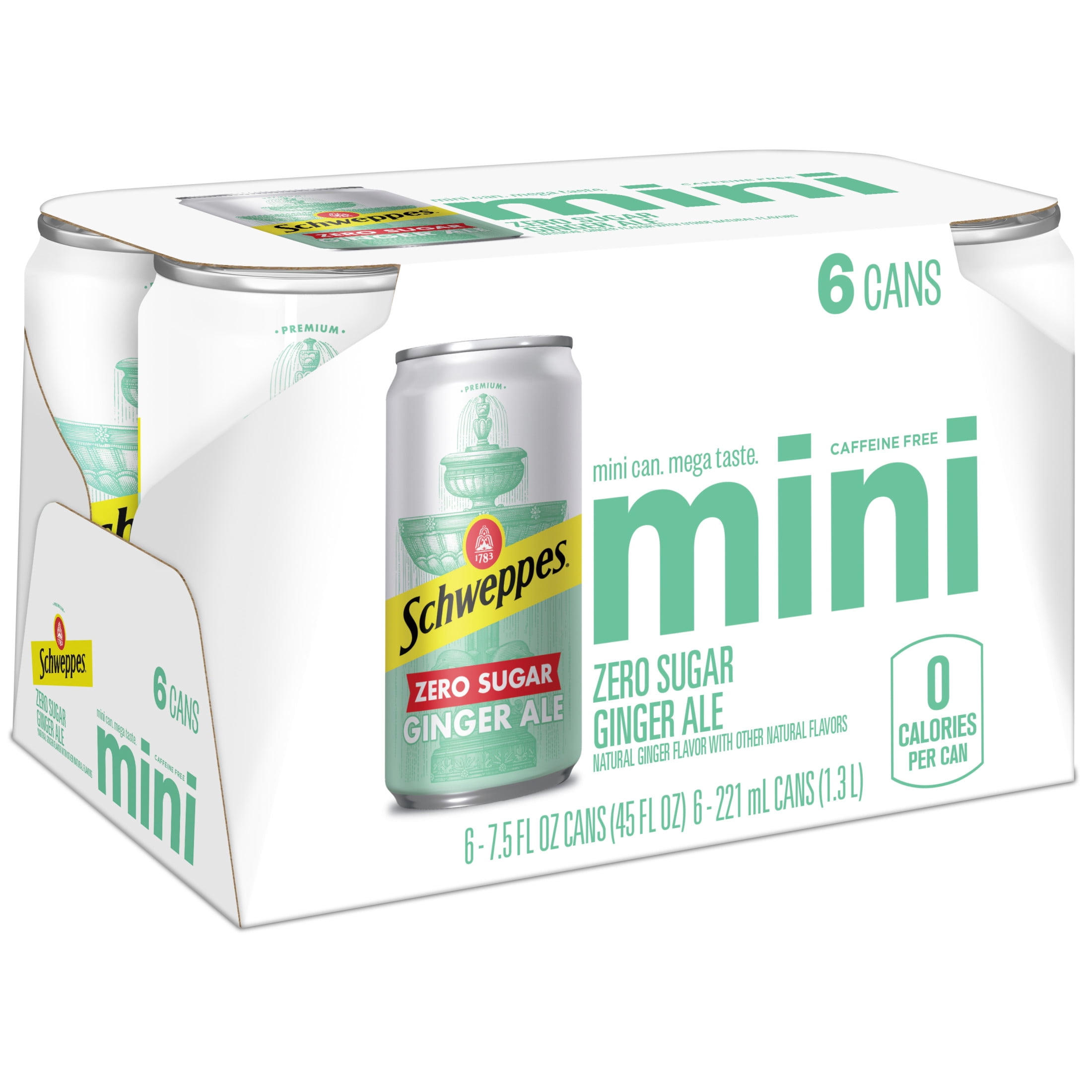 (4 pack) Schweppes Caffeine Free Zero Sugar Ginger Ale Soda Pop, 7.5 fl oz, 6 Pack Cans