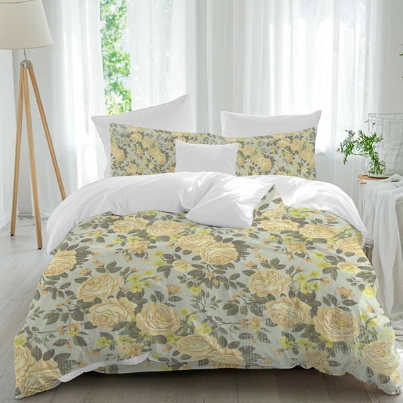 Yellow Flowers Twin Size Comforter Set, Retro Camellia Floral Illustration Bedding for All Seasons, 4 Pcs Bed Set, 1 Quiltcover (68"x86") ,1Sheet(67"x116"), 2Pillowcases (30"x20")