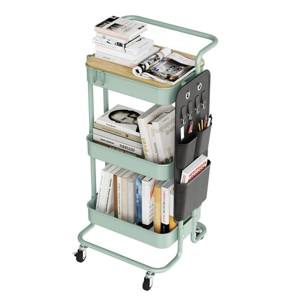 Rolling Cart DTK, utilitario metálico de 3 niveles, con sobremesa y bolsas laterales