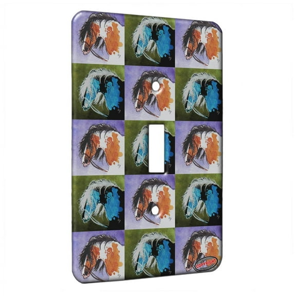 KuzmarK™ Single Gang Toggle Switch Wall Plate - Buckskin Skewbald Gypsy Cob on Purple Horse Pattern Art by Denise Every